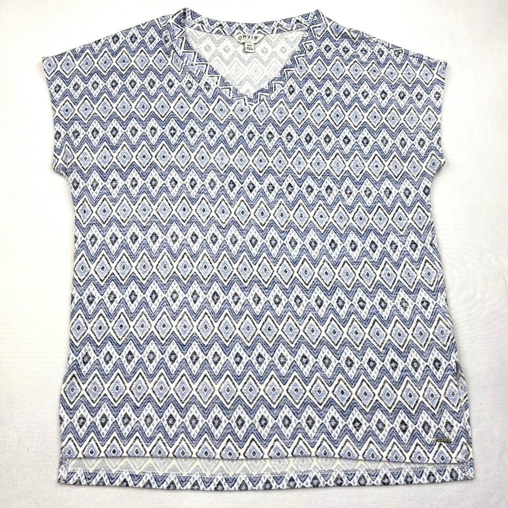 Orvis Geometric Diamond V Neck Cap Sleeve Top Blue White Knit Womens Medium